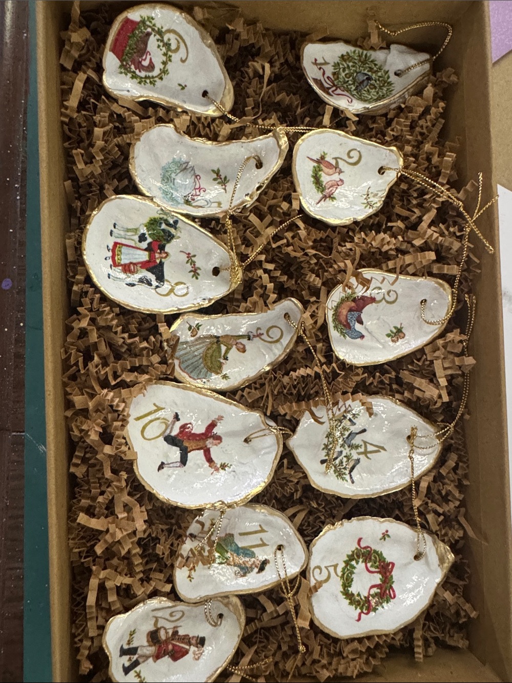 Hand Made Oyster Shell Holiday Ornaments in White and Gold (Set)
